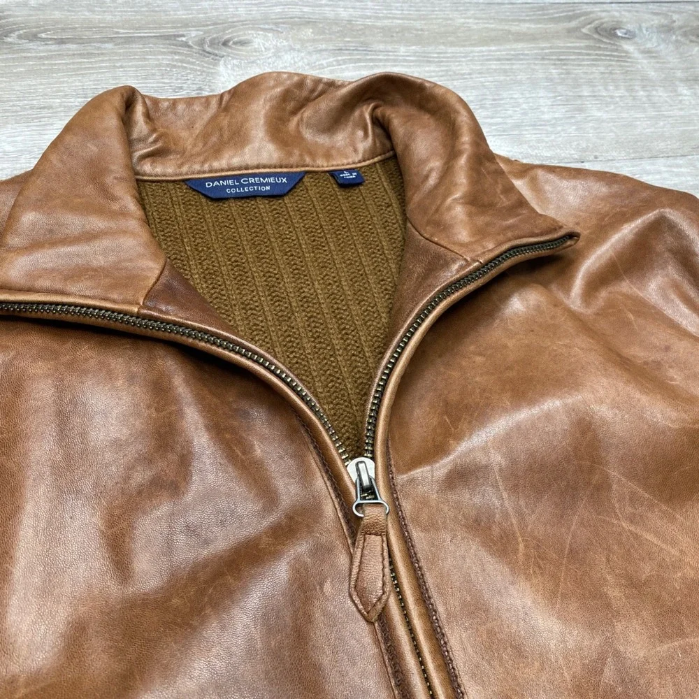 Daniel Cremieux Jacket Mens Large Brown Lambskin Leather Wool Knit Hybrid Bomber